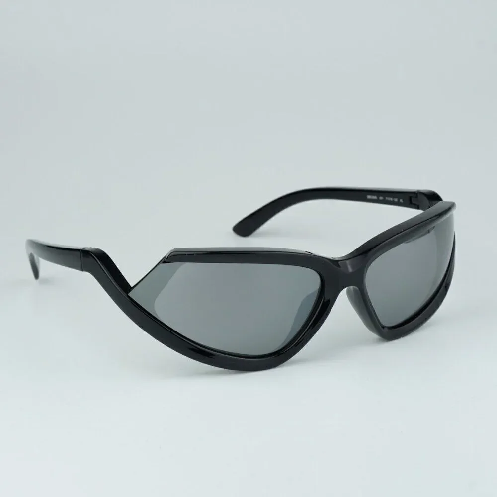 NEW Balenciaga BB0289S 001 Black Silver Mirror Wraparound Unisex Sunglasses